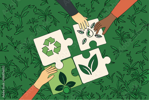  Aerial view, hands connecting puzzle pieces, green grass background, recycling symbols, environmental concept, teamwork, sustainability, close-up, high contrast, vibrant colors, eco-friendly, jigsa