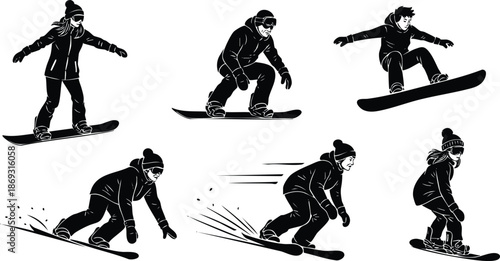 Black and white vector silhouettes of six snowboarders performing various snowboarding tricks and stances wearing winter hats goggles and gloves on white background