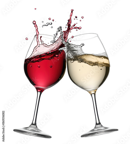 red and white wine in glasses toast splashing isolated on transparent background