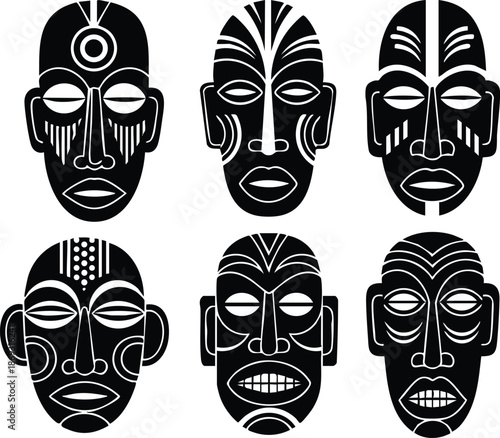 Black and white vector art set of six african tribal mask designs with symmetrical patterns and facial features isolated on white background for cultural decoration