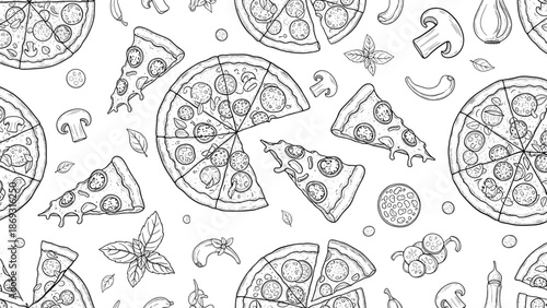 A delicious and detailed seamless pattern of hand-drawn pepperoni pizzas, slices, and ingredients like mushrooms and basil in a black and white sketch style.