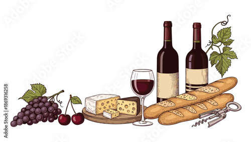 A classic and rustic still life illustration of a gourmet spread with red wine, cheese, baguettes, grapes, and cherries, in a vintage hand-drawn style.