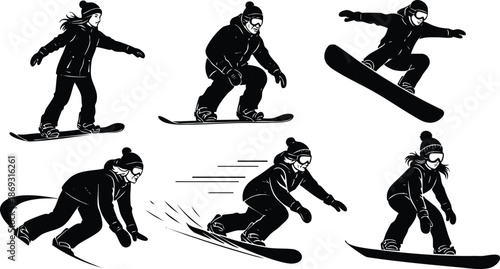 Black silhouette vector art showing six snowboarders in various dynamic positions gliding jumping turning and balancing on snowboards in winter sport action sequence