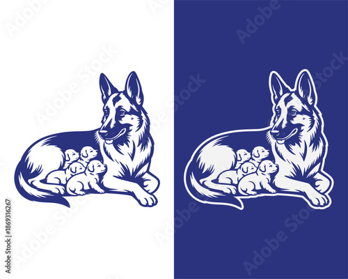 Protective Mother Dog and Puppies Illustration