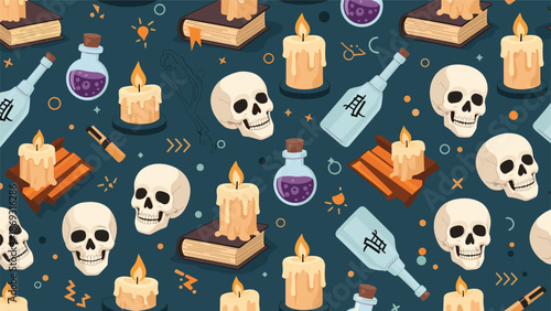 Seamless repeating pattern featuring pixel art skulls, lit candles, magic potions, and ancient books for a mysterious Halloween theme.