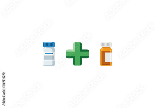 Vector Ilustration Concept Medication Combination - Two Pill Bottles with a Green Cross.