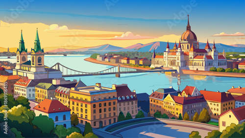 Very beautiful aerial sunrise panorama of Budapest, Hungary, capturing Buda Castle, Szechenyi Chain Bridge, Hungarian Parliament, and Matthias Church under a clear blue sky and soft morning light.