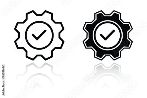 Settings Icons with Tick mark. Settings Icon with shadow. Correct Setting gears icon. Cog wheel symbol outline and filled style symbol. Vector illustration.