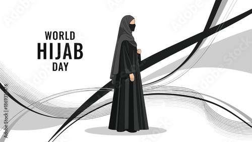 World Hijab Day banner featuring an illustration of a woman wearing a black hijab against an abstract grayscale background.