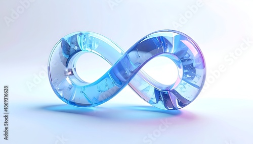 Clear, curved blue glass infinity symbol against a bright, gradient background