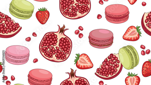 Delicious seamless pattern featuring vibrant pomegranates, fresh strawberries, and sweet French macarons on a white background.
