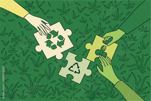  Aerial view, hands connecting puzzle pieces, green grass background, recycling symbols, environmental concept, teamwork, sustainability, close-up, high contrast, vibrant colors, eco-friendly, jigsa