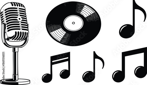 Black and white vector art of vintage microphone with vinyl record and assorted musical notes in simple minimalist style isolated on white background