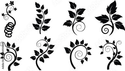 Black floral branch vector set with swirling stems and leaves decorative elements isolated on white background elegant botanical design icons