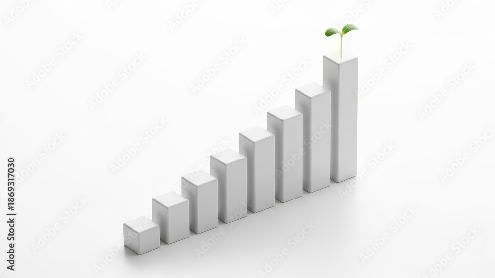 Obraz premium White bar chart with a green sprout on top symbolizing growth. Minimalist design.