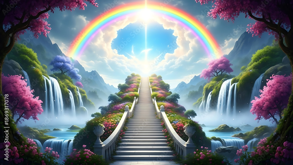 Fototapeta premium Path to heaven with waterfalls and a radiant light gateway