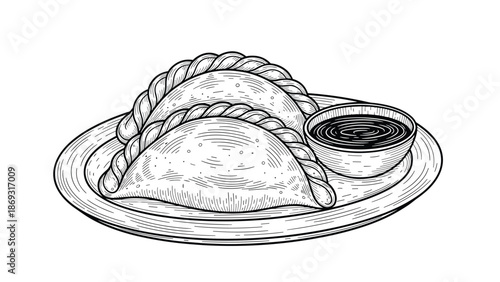Vintage black and white engraving-style illustration of two crispy empanadas served on a plate with a side of dipping sauce.