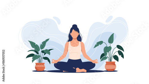 Serene woman meditating in the lotus yoga pose, sitting between two houseplants against a calming abstract blue background.