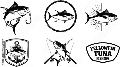 Black and white vector art of yellowfin tuna fish with fishing hooks and rods in various badge and emblem styles showcasing dynamic angles and detailed seafood design elements