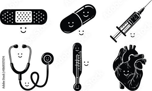 Cute smiling medical items set including plaster bandage capsule pill syringe stethoscope thermometer and human heart in black and white vector art style illustration