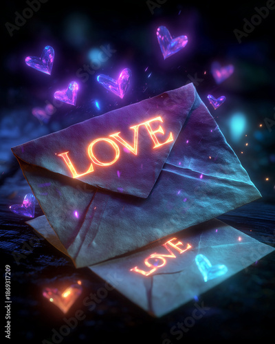 Love Letters Illuminated: Intimate letters glow with the word LOVE and are adorned by heart-shaped elements, suggesting romance and passion. Emitting a sense of warmth.