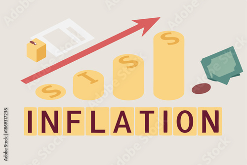 Economic concept, inflation visualization, stacked coins, wooden blocks spelling INFLATION, ascending red arrow, financial growth chart, minimalist composition, neutral background, macro photograph