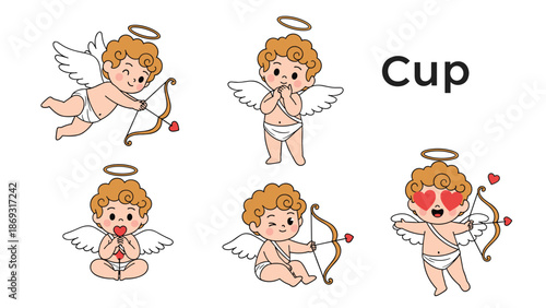 Adorable collection of cute cartoon cupids in various poses for Valentine's Day, with wings, halos, and bows with heart arrows.
