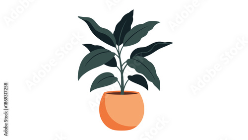 Simple and modern flat illustration of a lush green houseplant with large leaves in a stylish terracotta-colored pot.