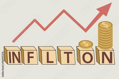 Economic concept, inflation visualization, stacked coins, wooden blocks spelling INFLATION, ascending red arrow, financial growth chart, minimalist composition, neutral background, macro photograph