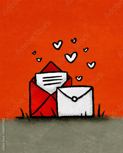 Heartfelt Correspondence: A charming illustration shows an open envelope and a closed envelope exuding love, decorated with charming hearts and a backdrop of vibrant colors.