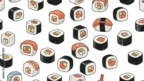 Seamless repeating pattern of various Japanese sushi and rolls in a charming and retro pixel art style on a white background.