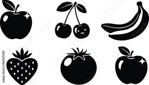 Minimalist black and white vector art showing shiny apples cherries with leaves smiling cherry face ripe strawberries tomatoes and curved bananas isolated on white background