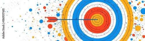 A colorful illustration of a bullseye target with an arrow hitting the center, surrounded by splashes of vibrant colors