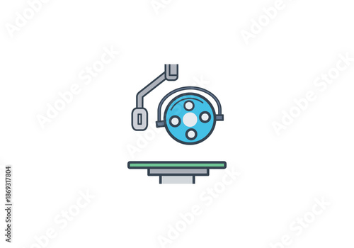 Vector Ilustration Concept Medical Operating Light and Surgical Table Icon with Blue Lamp and Green Surface.