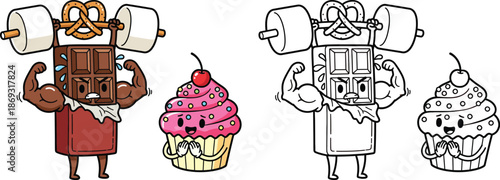 Strong Cartoon Chocolate Bar Weightlifting for a Cute Cupcake Humorous Dessert Fitness