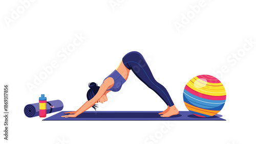 Woman practicing yoga in the downward-facing dog pose on a blue mat, with a water bottle and fitness ball nearby.