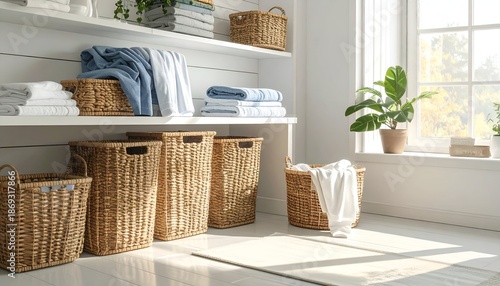 Bright laundry room with organized storage and natural light