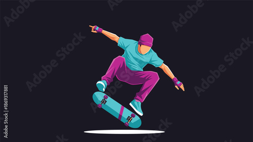 Dynamic vector illustration of a skateboarder in colorful modern apparel performing a mid-air trick against a dark background.