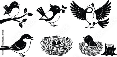 Black and white vector art of birds perched on branches flying with wings spread and sitting in nests with eggs and tree stump illustration set in simple silhouette style