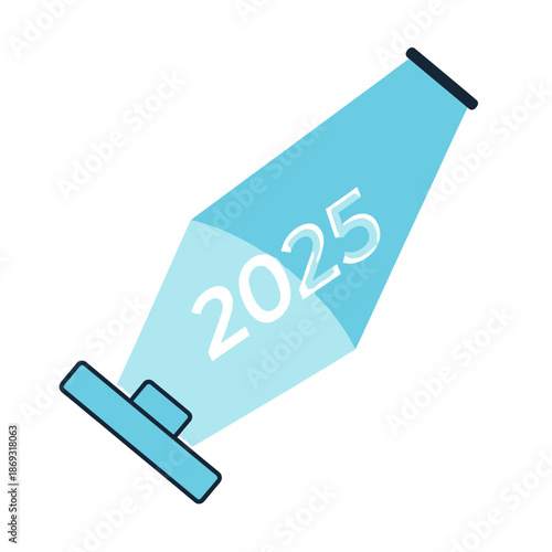 A blue spotlight illuminating the year 2025, symbolizing future focus or upcoming events.
