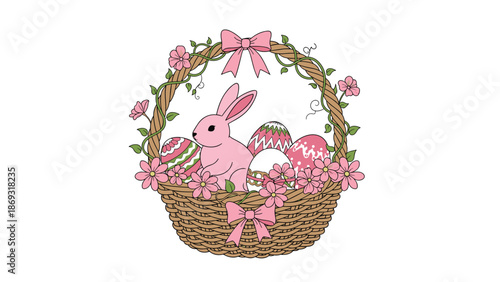 Charming hand-drawn illustration of a wicker Easter basket filled with decorated eggs, pink flowers, and a cute pink bunny.