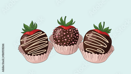 Delicious illustration of three gourmet chocolate-covered strawberries decorated with white chocolate drizzle and pink heart sprinkles.