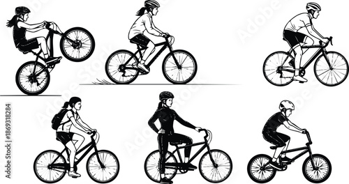 Black and white sketch style cyclists performing various bicycle riding actions including wheelie jump uphill and casual riding with backpacks and helmets detailed line art illustration