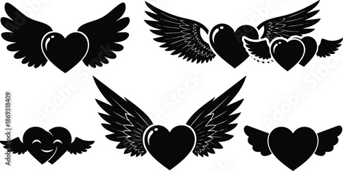 Black silhouettes of winged hearts vector set with various feather shapes angelic flying symbols collection flat design love icons