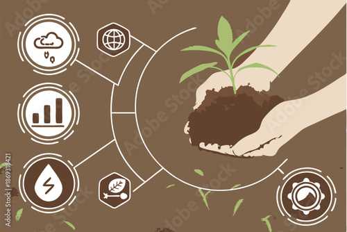  Hand holding soil, futuristic agriculture interface, holographic icons, pH balance, temperature control, moisture levels, nutrient analysis, smart farming technology, brown earth background, close-
