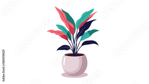 Modern and vibrant illustration of a stylized houseplant with colorful pink, teal, and dark blue leaves in a simple pot.