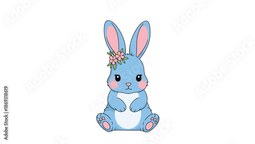 Adorable cartoon illustration of a cute baby blue bunny sitting down, with a small flower wreath on its head and pink cheeks.