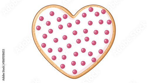 Sweet Valentine's Day heart-shaped sugar cookie with white icing and decorated with many small pink candy sprinkles on top.