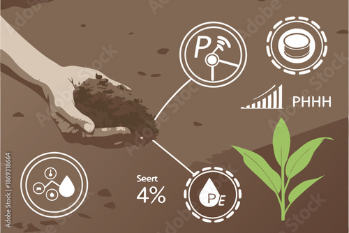  Hand holding soil, futuristic agriculture interface, holographic icons, pH balance, temperature control, moisture levels, nutrient analysis, smart farming technology, brown earth background, close-