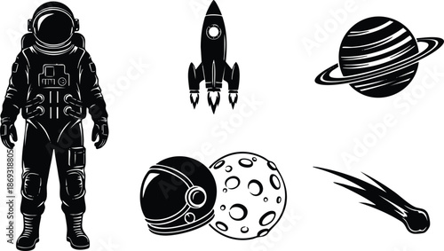 Black and white vector art of astronaut standing with detailed suit rocket launching beside planet with rings and floating moon helmet and passing comet space design elements